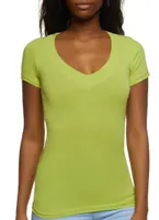 Womens Basic Wide V Neck Tee, Green, Size S