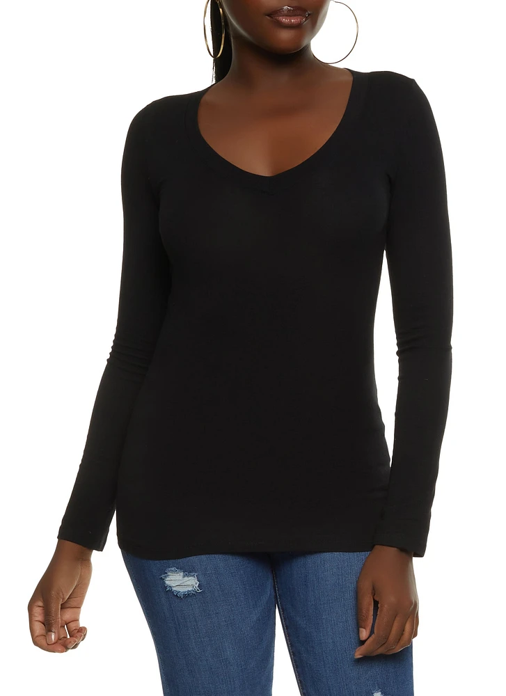 Womens Basic V Neck Long Sleeve Top, Black, Size L