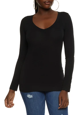 Womens Basic V Neck Long Sleeve Top, Black, Size L