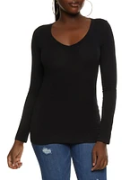 Womens Basic V Neck Long Sleeve Top, Black, Size L
