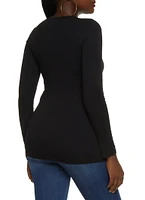 Womens Basic V Neck Long Sleeve Top, Black, Size L