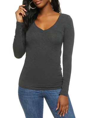Womens Basic V Neck Long Sleeve Top,
