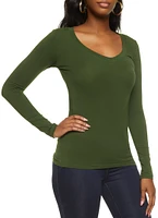 Womens Basic V Neck Long Sleeve Top, Green, Size M