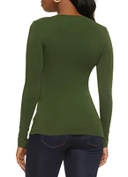 Womens Basic V Neck Long Sleeve Top, Green, Size M