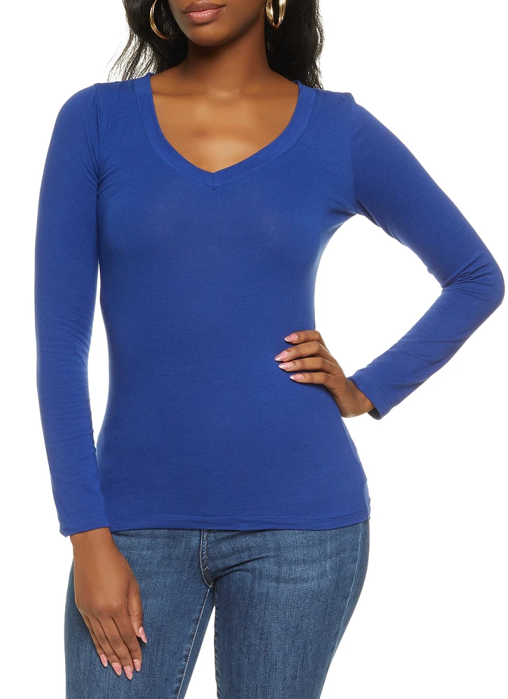 Womens Basic V Neck Long Sleeve Top,