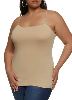 Womens Plus Size Basic Cotton Scoop Neck Cami, Beige, Size 1X