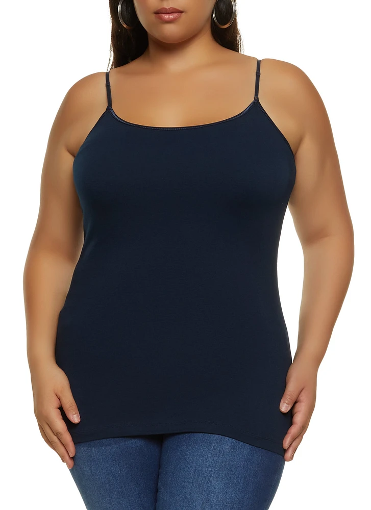 Womens Plus Size Basic Cotton Scoop Neck Cami, Blue, Size 1X