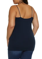 Womens Plus Size Basic Cotton Scoop Neck Cami, Blue, Size 1X