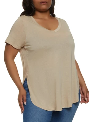 Womens Plus Size Oversized High Low Tee, Beige, Size 1X