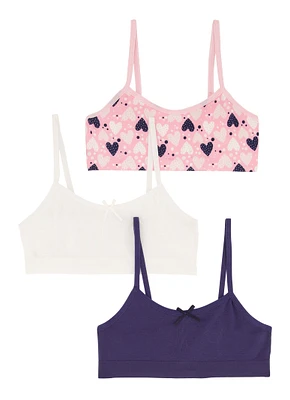Womens Girls 3 Pack Heart Print Cami Bras, Multi, Size M