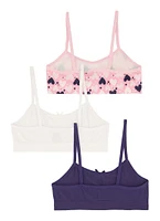 Womens Girls 3 Pack Heart Print Cami Bras, Multi, Size M