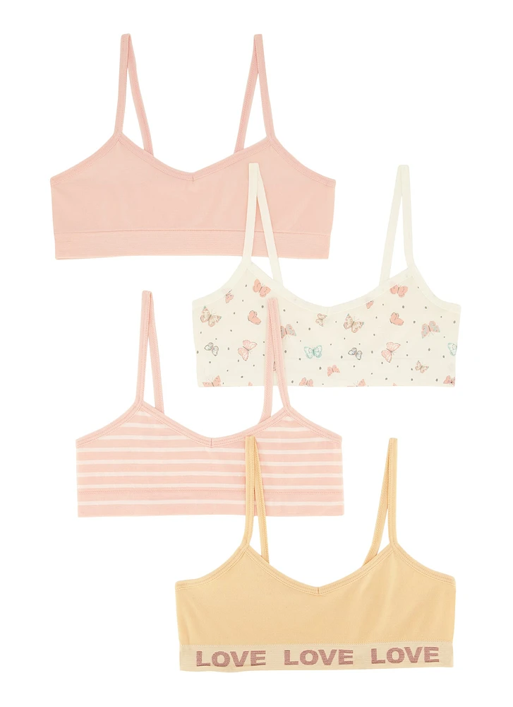 Womens Girls 4 Pack Butterfly Print Cami Bras, Multi, Size M