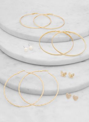 Set of 6 Metallic Stud and Hoop Earrings in Gold