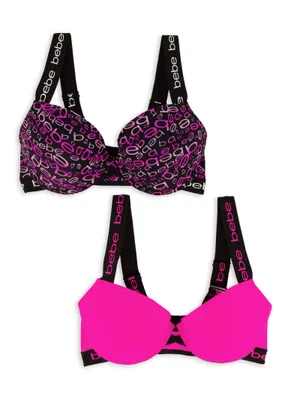 Womens Plus Size Bebe 2 Pack Printed Plunge Bras, Multi, Size 34DD