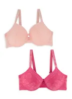 Womens Plus Size Bebe 2 Pack Floral Lace Plunge Bras, Pink, Size 34DD