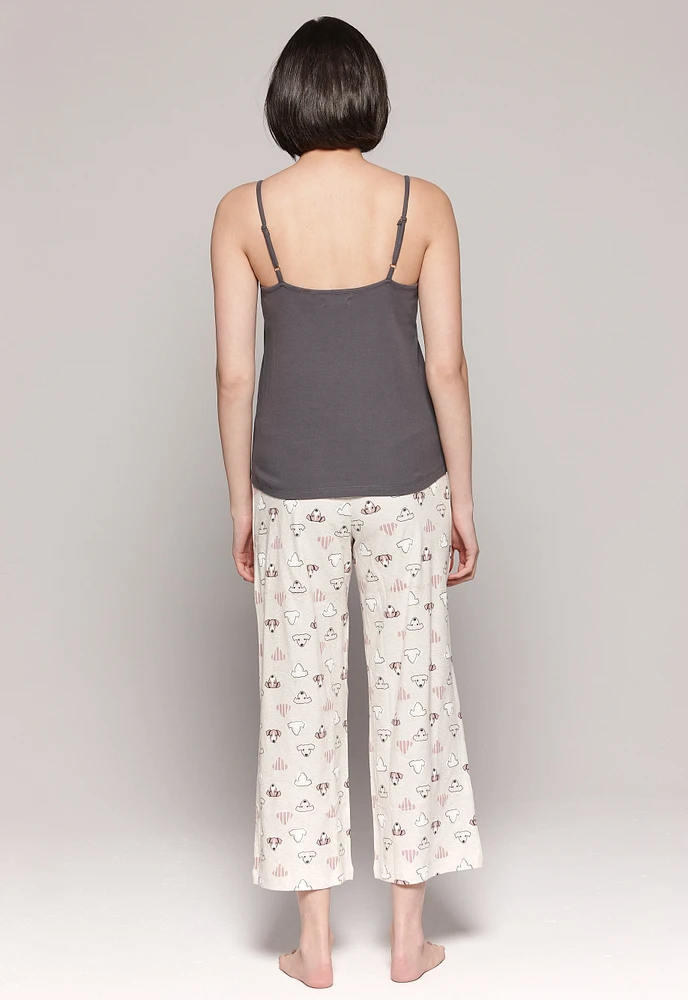 Pyjama 100% coton camisole unie/pantalon imprimé chiens