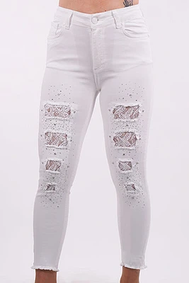 Pantalon avec insertions de patchs dentelle/strass