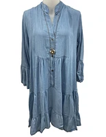 Robe au look denim confectionnée de rangées tissu plissé + collier cadeau