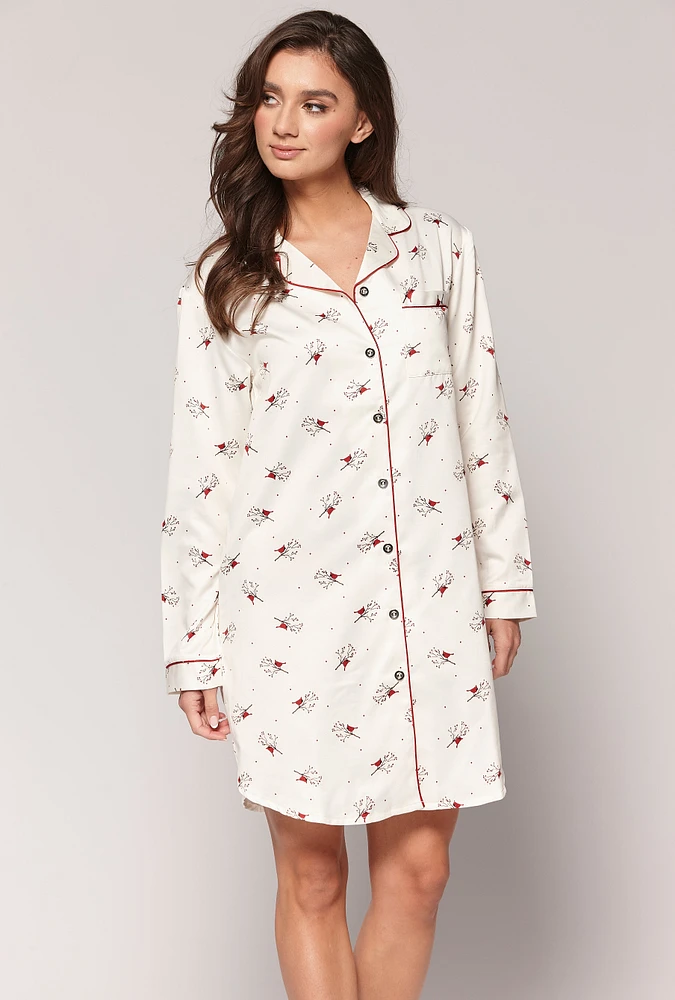 Chemise en satin brossé imprimée oiseaux