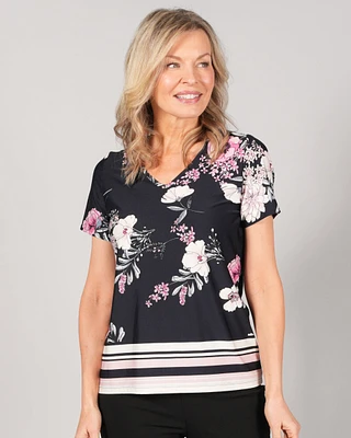 T-SHIRT À MANCHES COURTES AVEC COL EN V IMPRIMÉ DE LA BORDURE