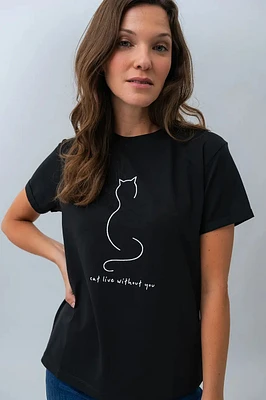 Le t-shirt imprimé « cat live without you »