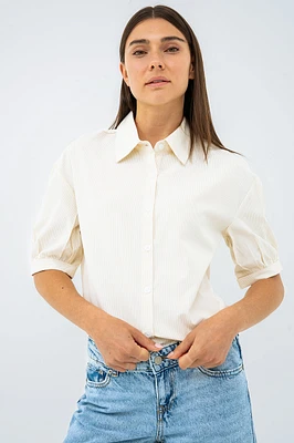 La blouse imprimée manches ballon bouton blanc