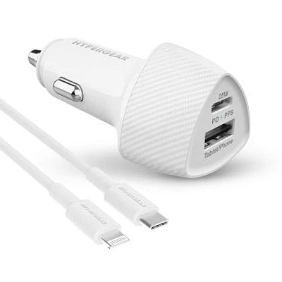 HyperGear SpeedBoost 25W USB-C PD + 12W USB Fast CLA Car Charger w/ PPS 4ft Lightning Cable - White