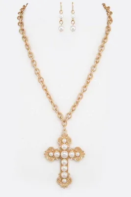 Satya Gold & Pearl Cross Pendant Necklace Set