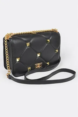 Andra Quilted Flap Crossbody Bag w/ Oversized Studs