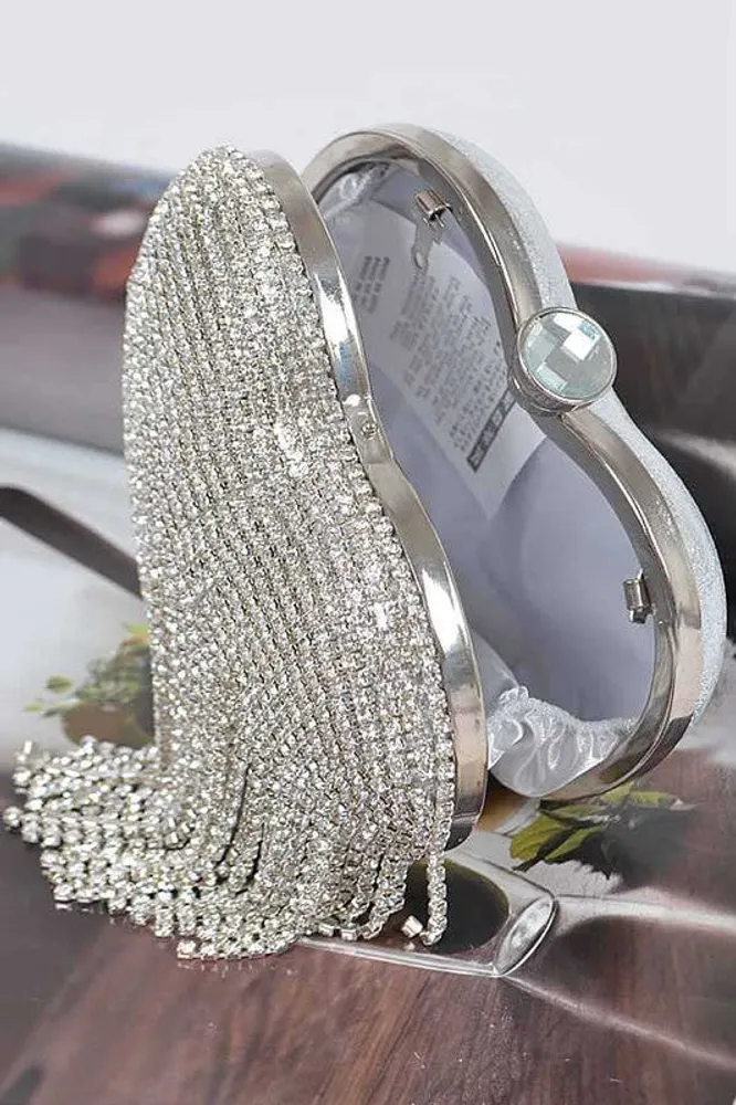 Yman Silver Fringe Rhinestone Heart Shape Clutch