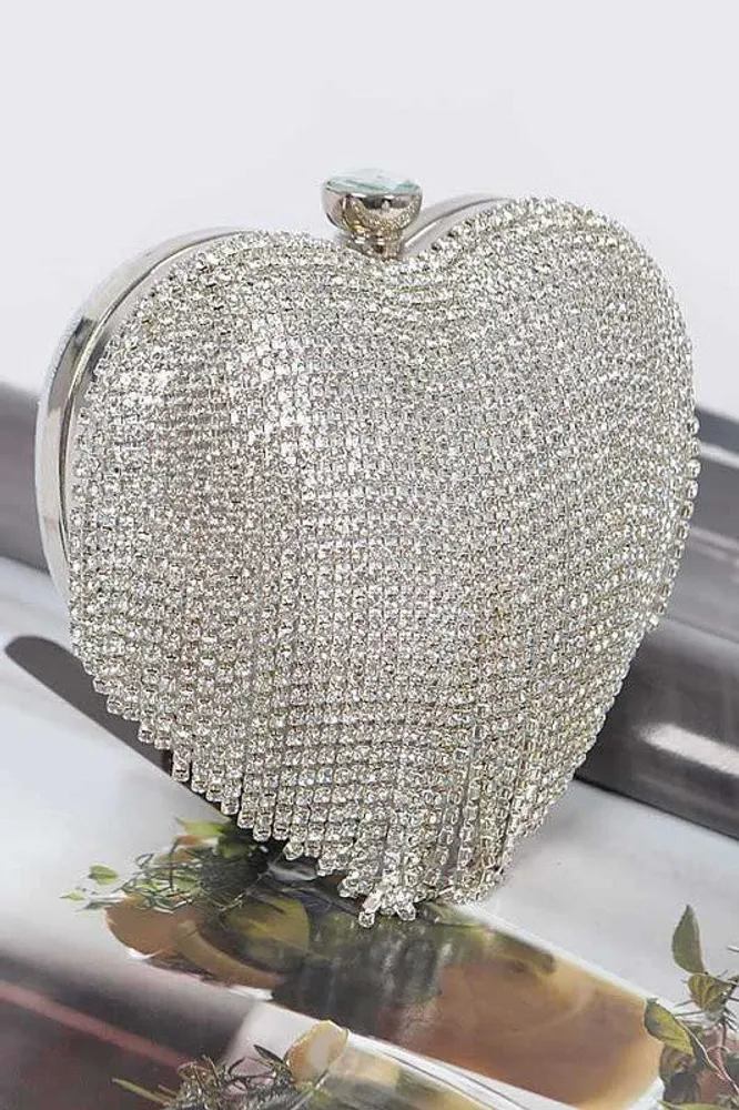 Yman Silver Fringe Rhinestone Heart Shape Clutch