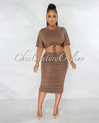 Marfo Brown Knot Crop Top & Ruched Skirt Set