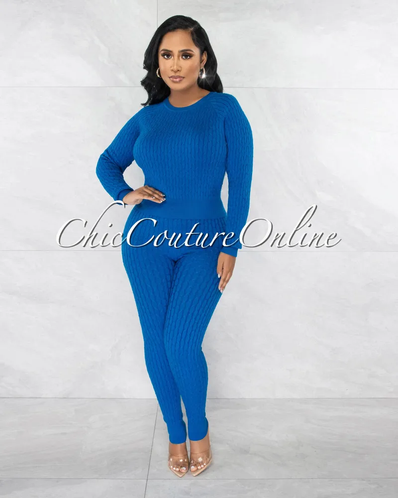 Chic Couture Online Palba Royal Blue Cable Knit Sweater Leggings Set
