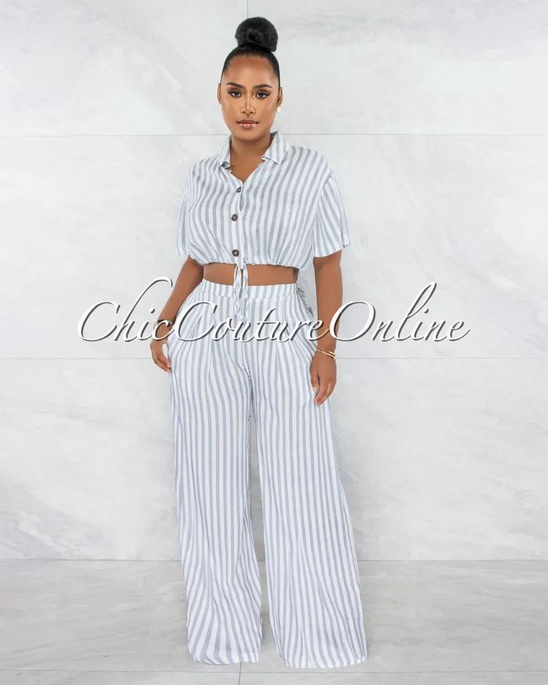 Chic Couture Online Maely White Blue Stripes Crop Shirt & Wide Pants Set