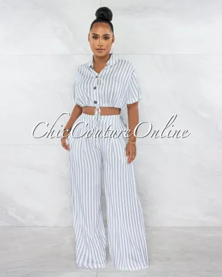 Maely White Blue Stripes Crop Shirt & Wide Pants Set
