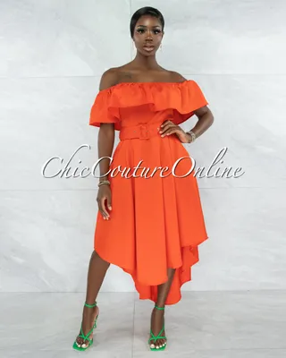 Bodil Orange Ruffle Neckline Belt Hi-Lo Dress