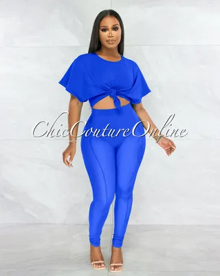 Cherie Royal Blue Tie Crop Top & Mesh Leggings Set