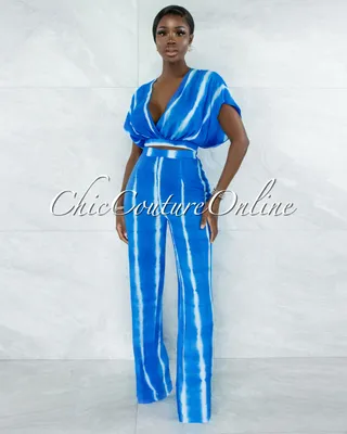 Iviana Blue White Tie-Dye Top & Wide Pants Set