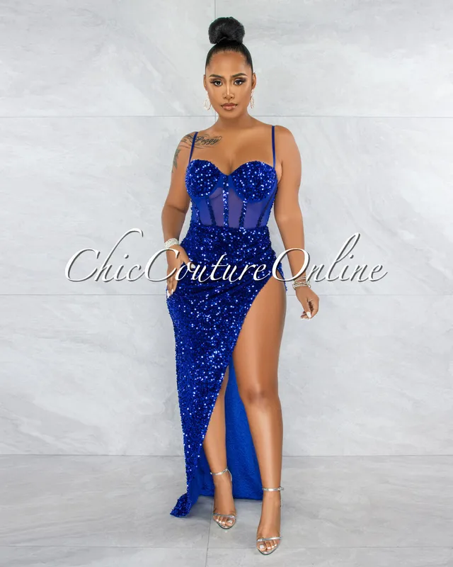 Chic Couture Online Selene Royal Blue Nude Mesh Rhinestones Décor