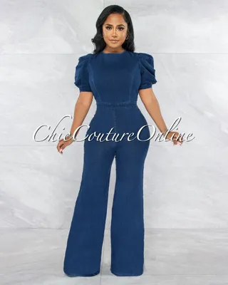 Lonato Dark Denim Bubble Sleeves Open Back Jumpsuit