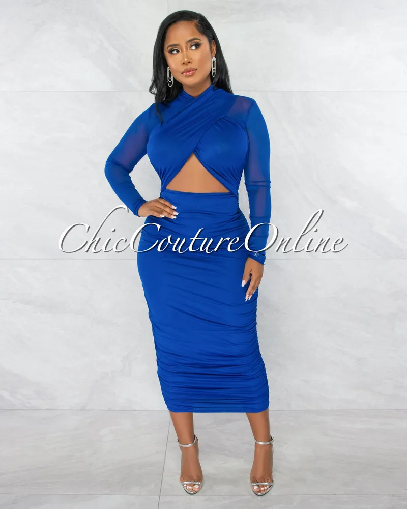 Chic Couture Online Gerlie Royal Blue Crossed Bust Mesh Ruched Midi Dress