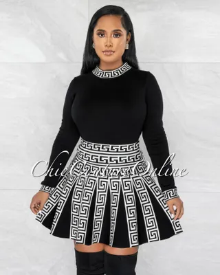 Clarice Black White Knit Two Piece Skirt Set