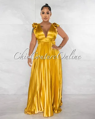 Elaine Gold Ruffle Lace-Up Back Pleated Silky Maxi Dress