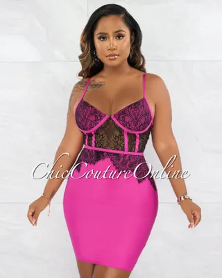 Liccy Fuchsia Black Lace Bandage Dress