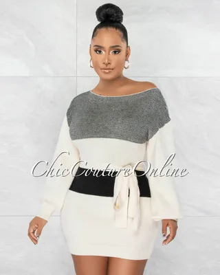 Radia Black Cream Knit Long Sleeves Sweater Dress