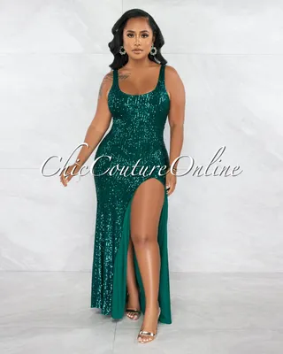 Vivenzio Hunter Green Sequins Slit Maxi Dress