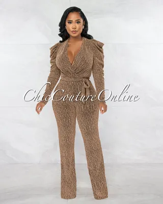 Sharane Black Gold Shimmer Deep V Draped Sleeves Jumpsuit