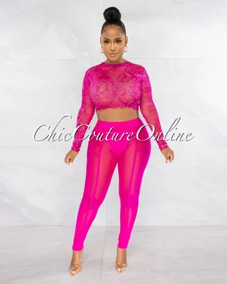 Mushira Fuchsia Tie-Dye Sheer Crop Top & Mesh Leggings Set