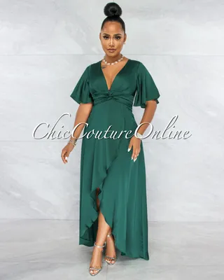 Jesimiel Hunter Green Drape Dramatic High-Low Slit Dress