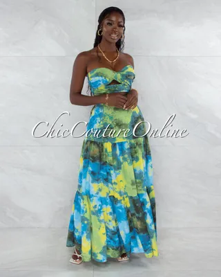 Utah Green Blue Print Crop Top & Maxi Skirt Set